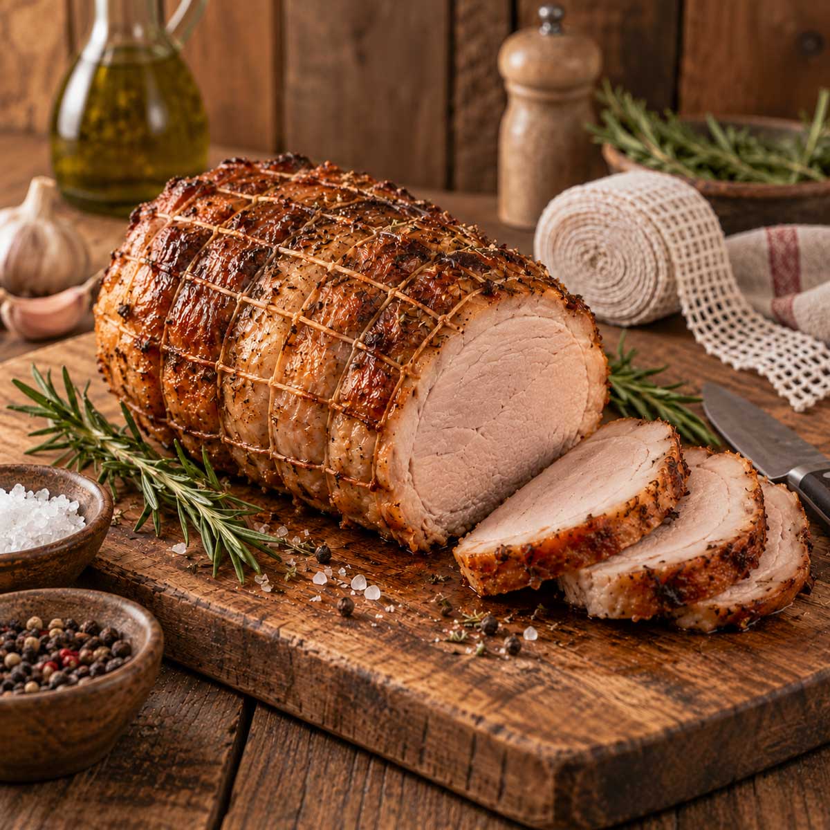 A roasted pork loin roast tied with meat netting roll on a wooden cutting board with a meat netting roll, rosemary, coarse salt, peppercorns, a knife, and rustic kitchen props in the background.