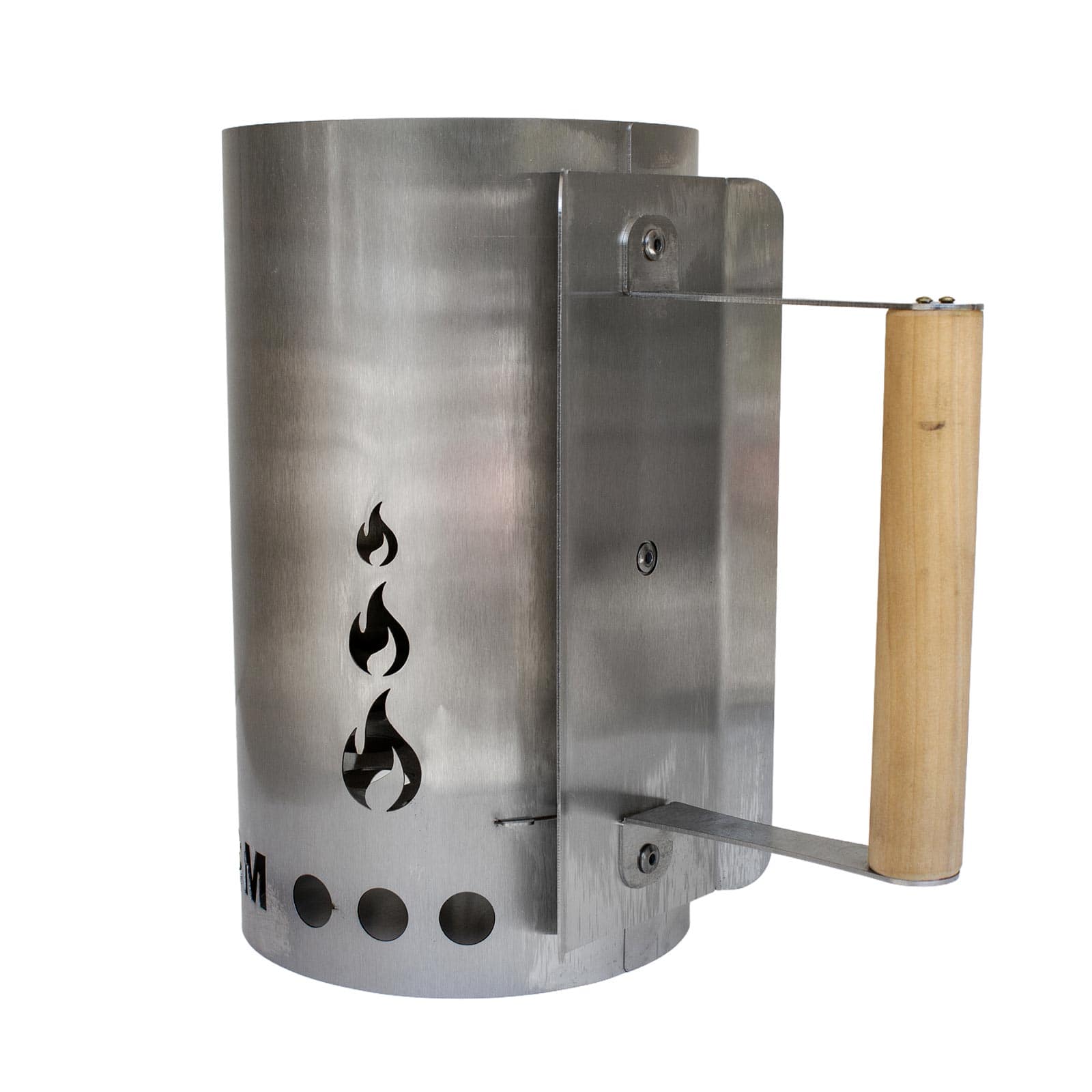sausage-maker-charcoal-starter-for-grill;firing-up-coal-in-charcoal-starter;inside-view-charcoal-chimney-starter;safe-wooden-handle-of-the-chimney-starter