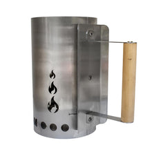 sausage-maker-charcoal-starter-for-grill;firing-up-coal-in-charcoal-starter;inside-view-charcoal-chimney-starter;safe-wooden-handle-of-the-chimney-starter