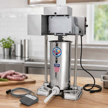 Sausage maker 25 lb. electric stuffer on a wooden counter top