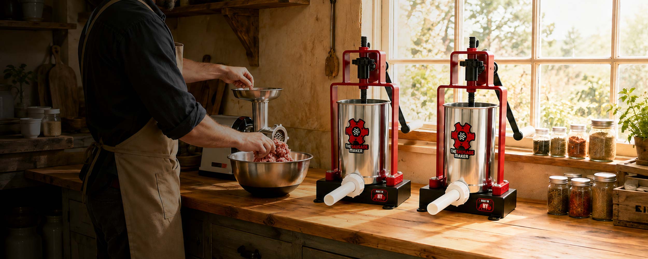 Passionate sausage maker preparing ground meat in a stainless steel bowl beside two BUILT Series sausage stuffers and other sausage making supplies on a rustic wooden table.