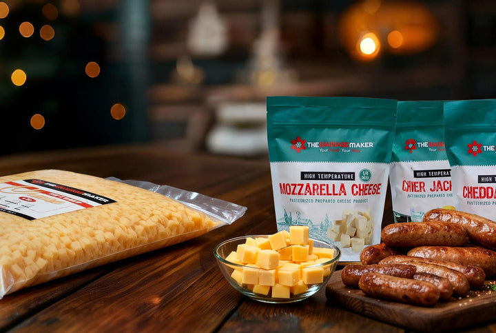 The Sausage Maker's Cheese products including cheese cubes, and packages on a wooden table with a blurred background.
