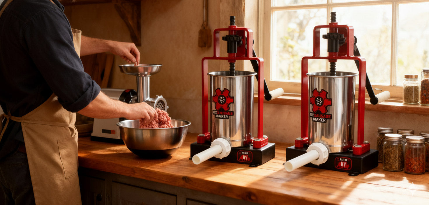 Load video: A home chef crafting g sausage using sausage maker's casing, spice and grinder