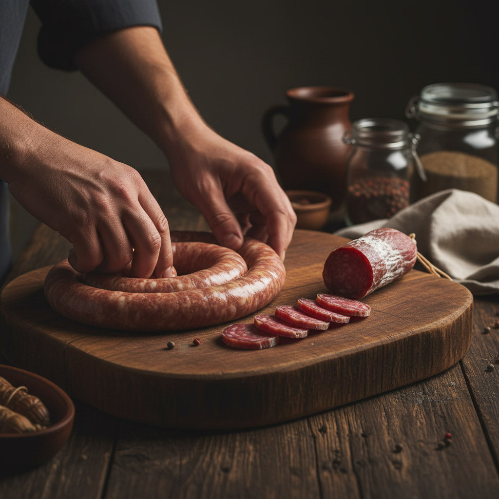Person handling a ring of sausage on a wooden cutting board with sliced sausages and jars in the background.