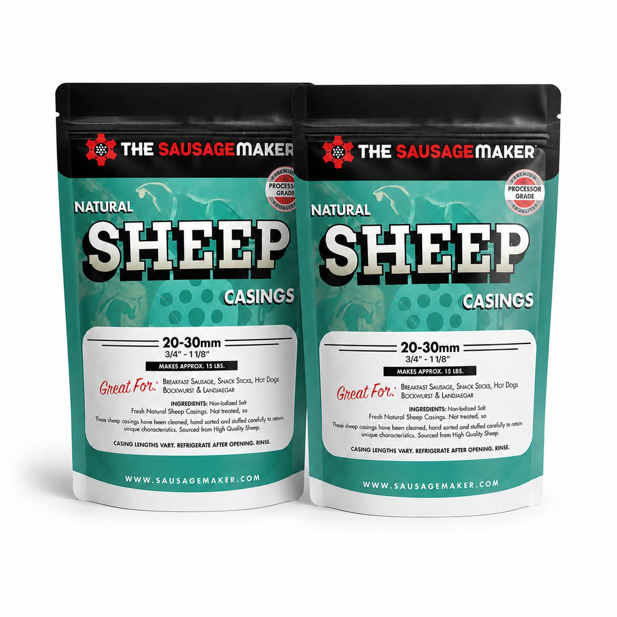 Two stand-up pouches of The Sausage Maker Natural Sheep Casings, 20-30mm, displayed side by side on a white background.