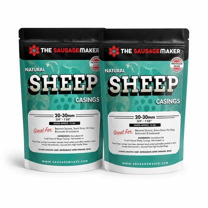 Two stand-up pouches of The Sausage Maker Natural Sheep Casings, 20-30mm, displayed side by side on a white background.