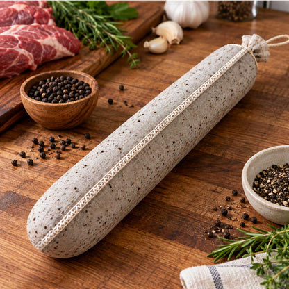 A stuffed spice-lined sausage casing placed on a rustic wooden table with raw meat, garlic, rosemary, and bowls of peppercorns.