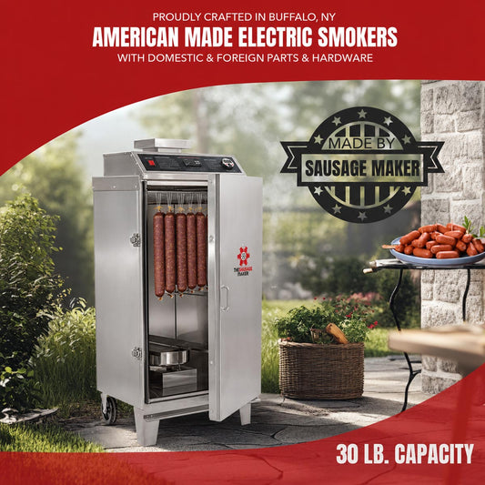 A stainless steel electric smoker shown outdoors on a patio with sausages cooking inside