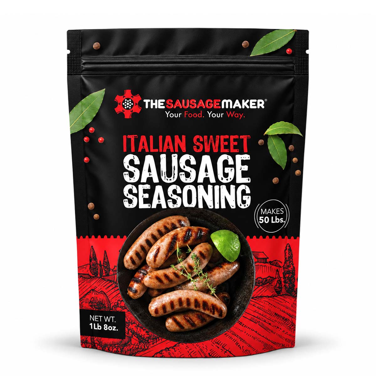 A 1 lb bag of The Sausage Maker Italian Sweet Sausage Seasoning, featuring a black and red stand-up pouch with an illustration of grilled sausages on a white background.