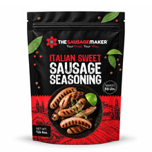 A 1 lb bag of The Sausage Maker Italian Sweet Sausage Seasoning, featuring a black and red stand-up pouch with an illustration of grilled sausages on a white background.