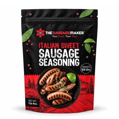 A 1 lb bag of The Sausage Maker Italian Sweet Sausage Seasoning, featuring a black and red stand-up pouch with an illustration of grilled sausages on a white background.