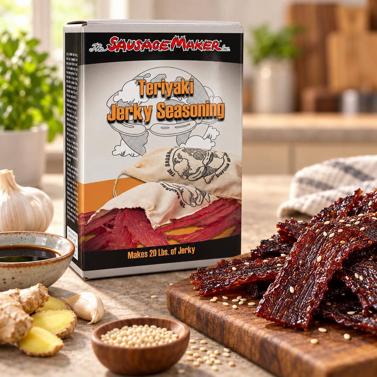 A box of Sausage Maker Teriyaki Jerky Seasoning stands on a kitchen counter.