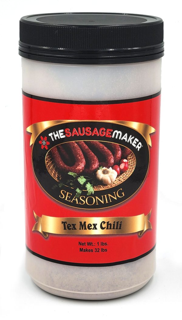 Container of The Sausagemaker Tex Mex Chili seasoning on a white background