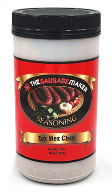 Container of The Sausagemaker Tex Mex Chili seasoning on a white background