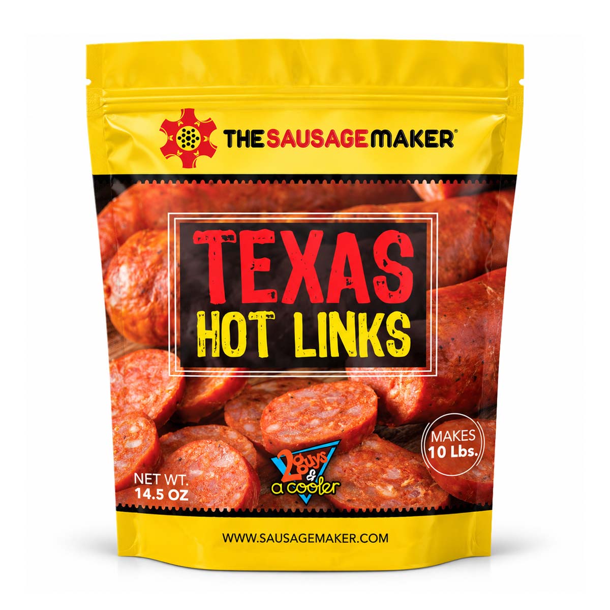 A 14.5 oz resealable stand-up pouch of The Sausage Maker's Texas Hot Links.
