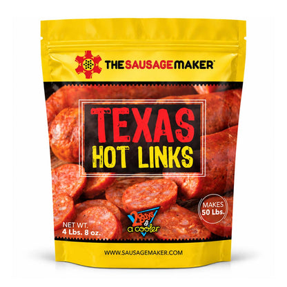 A 4 lb bag of The Sausage Maker's Texas Hot Links on a plain white background.