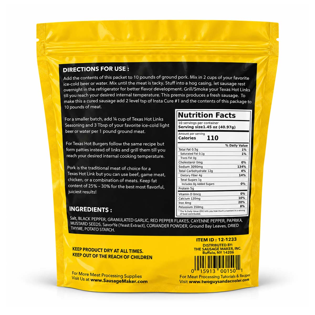 Back view of a Texas Hot Links seasoning package showing printed directions, ingredients, nutrition facts, and barcode on a white background.