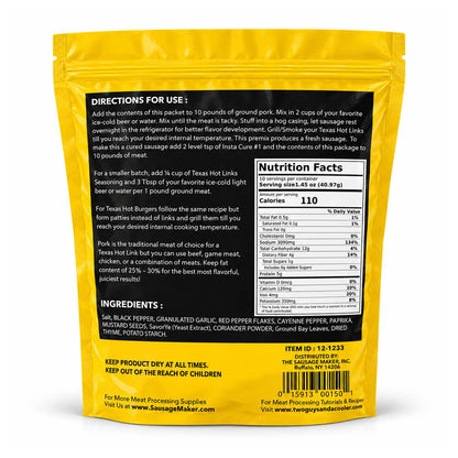 Back view of a Texas Hot Links seasoning package showing printed directions, ingredients, nutrition facts, and barcode on a white background.