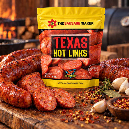 A bag of Texas Hot Links sausage seasoning on a wooden cutting board surrounded by cooked sausage links, garlic, peppercorns, and herbs.