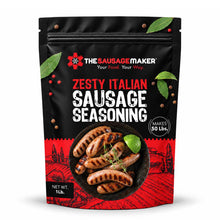 A 1 lb stand-up pouch of The Sausage Maker Zesty Italian Sausage Seasoning on a white background.