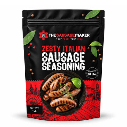 A 1 lb stand-up pouch of The Sausage Maker Zesty Italian Sausage Seasoning on a white background.
