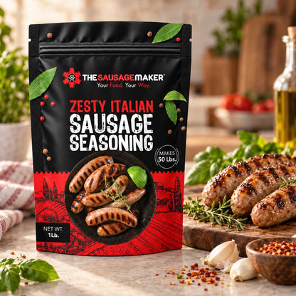 A 1 lb bag of The Sausage Maker Zesty Italian Sausage Seasoning stands on a countertop in a kitchen setting, with grilled sausages, garlic, herbs, and spices arranged around it.